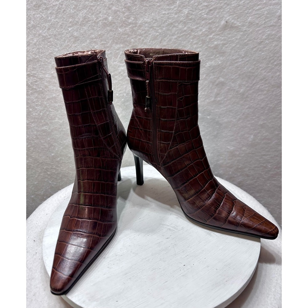 Lauren Ralph Lauren Marienette Brown Croc Embossed Leather Ankle Boots 6.5B